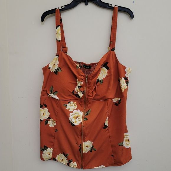 NEW GLORY Orange Floral Print Center Zip Tank Top, Large - Picture 1 of 13